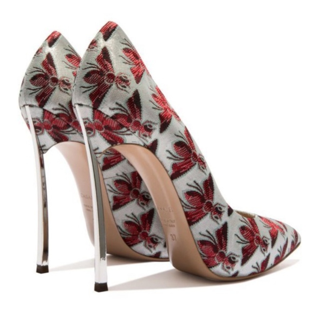 Casadei Blade Bee Embroidered Stiletto Heels Burgundy & Silver Pointed-Toe Pumps